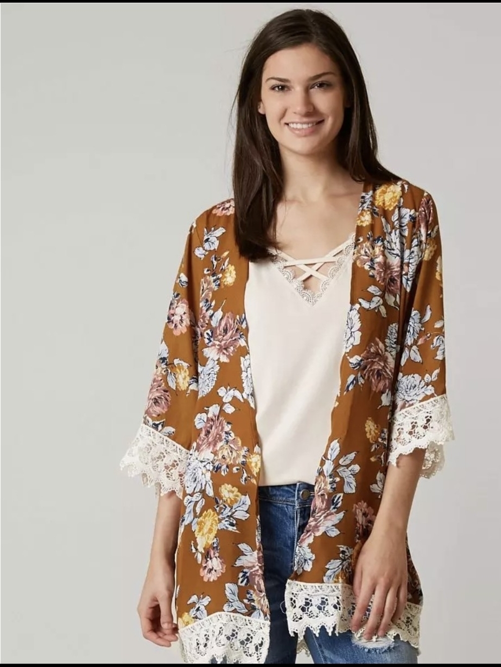 Gypsies & Moondust floral cardigan features a deep mustard chiffon material